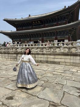 Natalie wearing a hanbok at Gyeongbokgung Palace