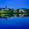Landscape of George Mason at night from Mason Pond
